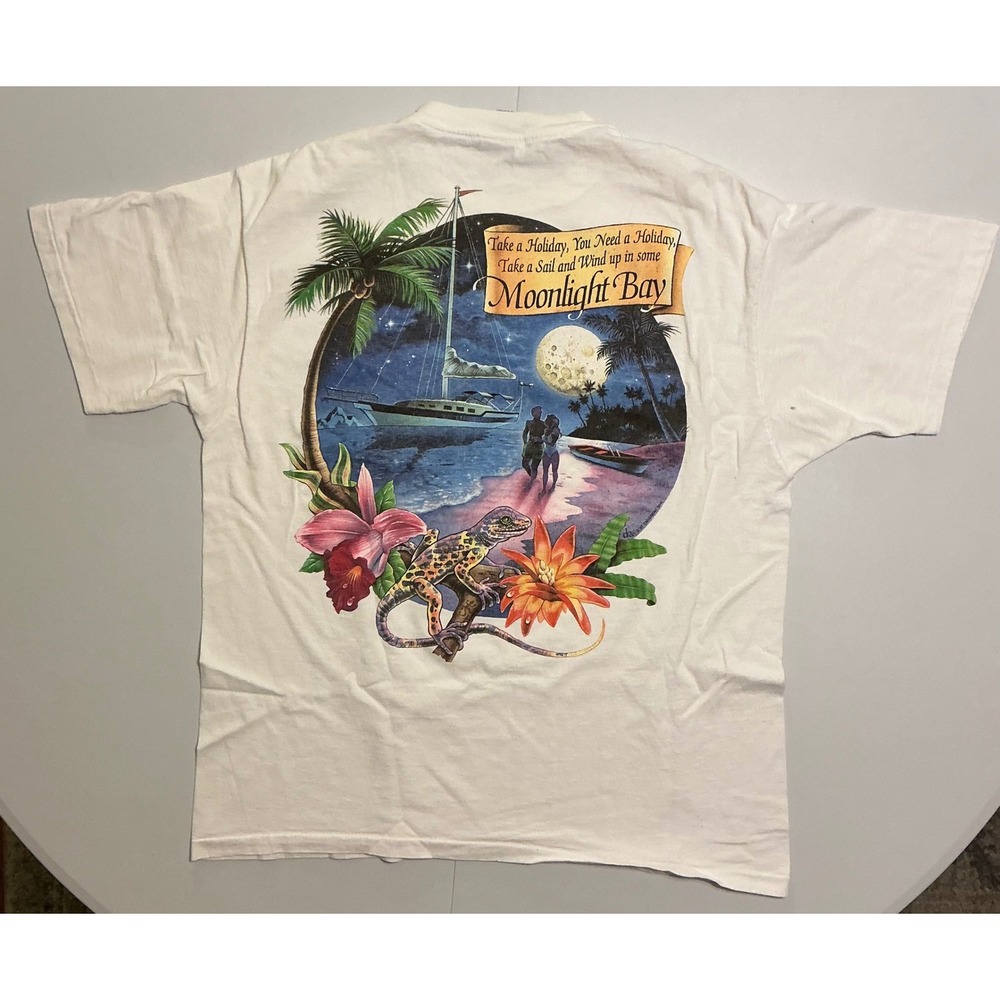 VTG USA Made Caribbean Soul T Shirt XL Moonlight Bay Tropical Gecko White USA